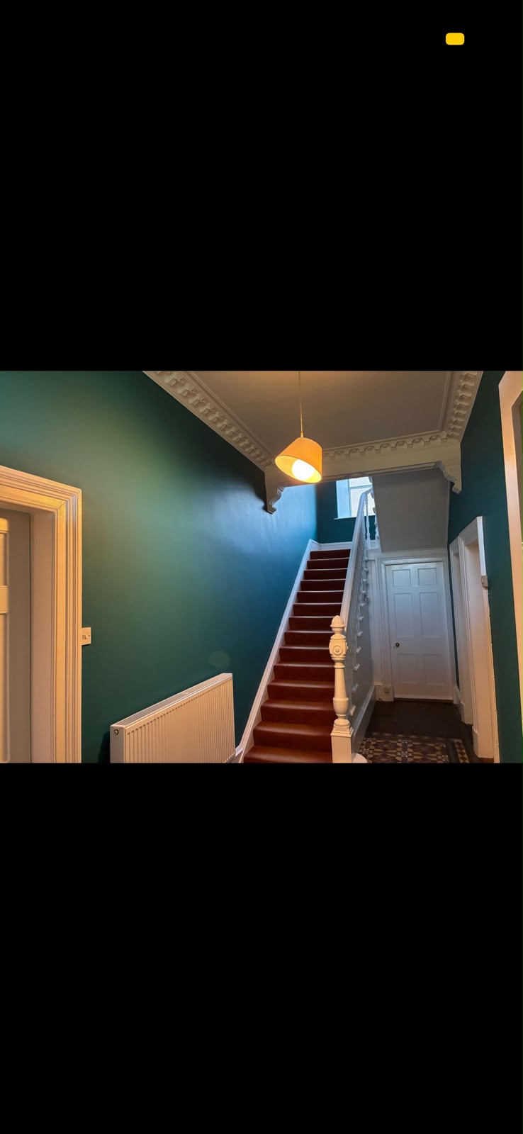 Teal painted staircase with white banister, radiator and panelled door